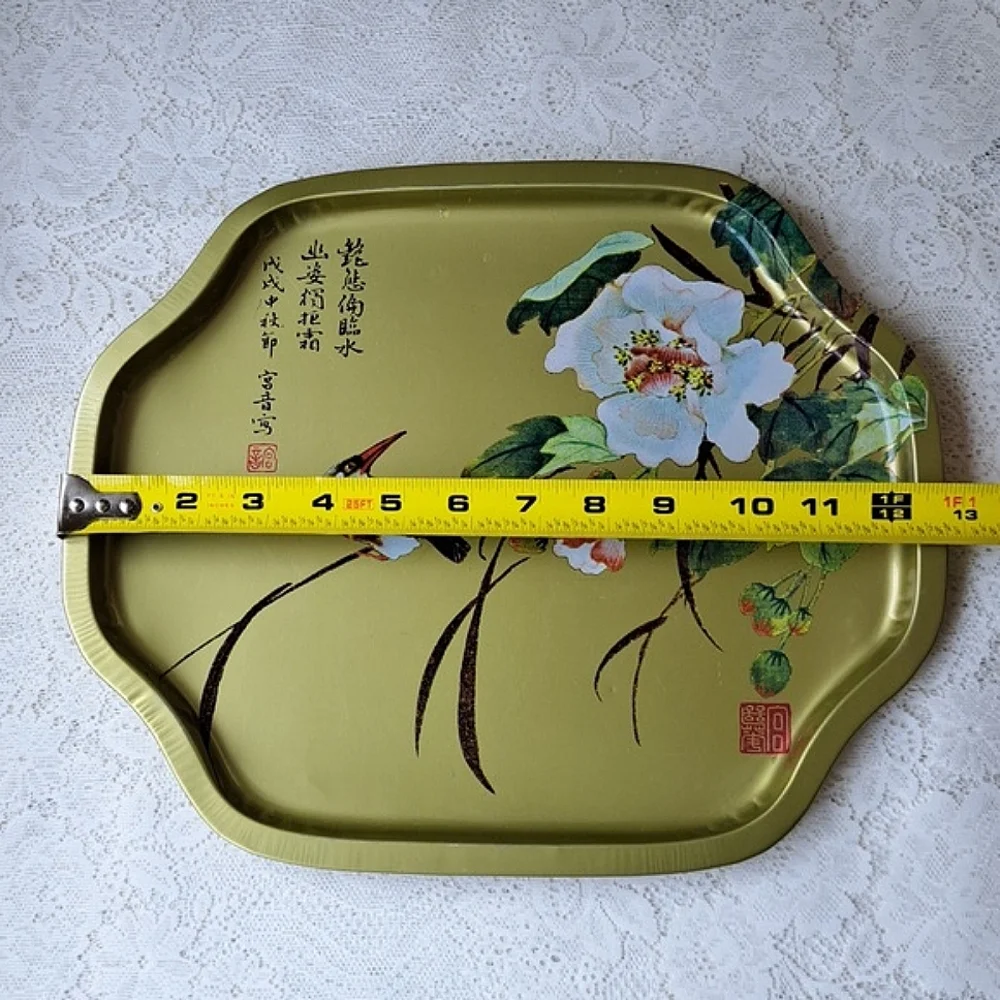 Vintage Large Gold Metal Tin Tray Bird and Magnolia Flowers Hong Kong 11 x 13